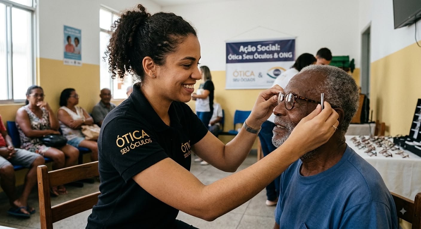 Optometrista da Ótica Seu Óculos ajustando os óculos em um senhor durante ação social em uma ONG